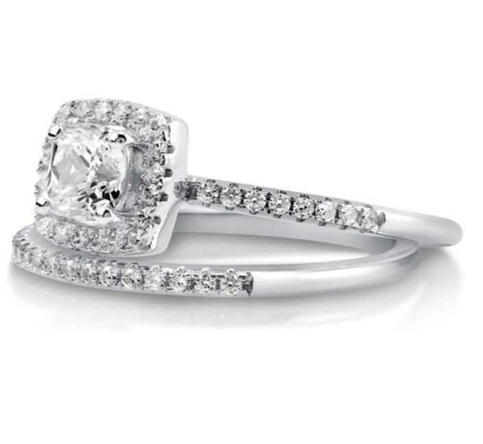 Halo Cushion CZ Ring Set in Sterling Silver