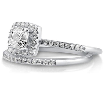 Halo Cushion CZ Ring Set in Sterling Silver