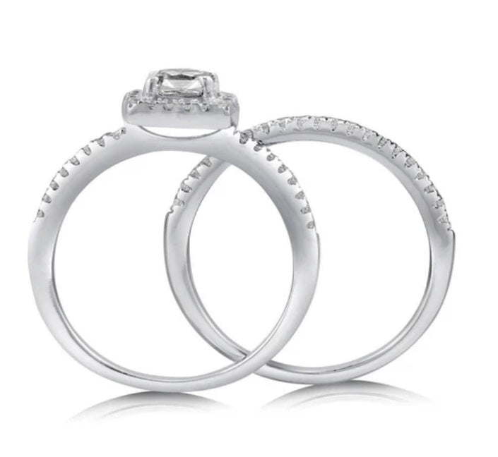 Halo Cushion CZ Ring Set in Sterling Silver