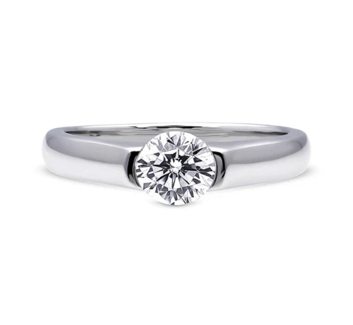 Solitaire 0.8ct Half Bezel Set Round CZ Ring in Sterling Silver
