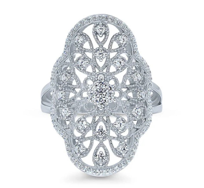 Flower Navette CZ Statement Ring in Sterling Silver