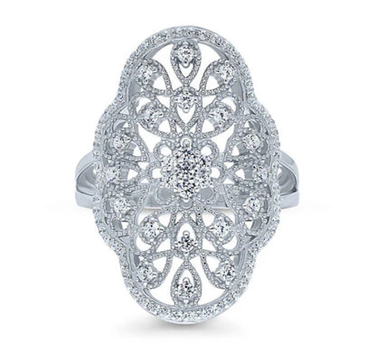 Flower Navette CZ Statement Ring in Sterling Silver