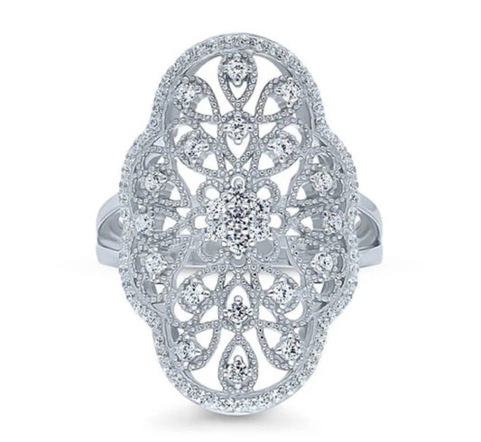 Flower Navette CZ Statement Ring in Sterling Silver