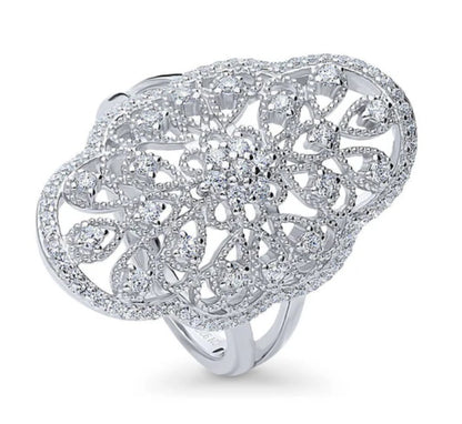 Flower Navette CZ Statement Ring in Sterling Silver