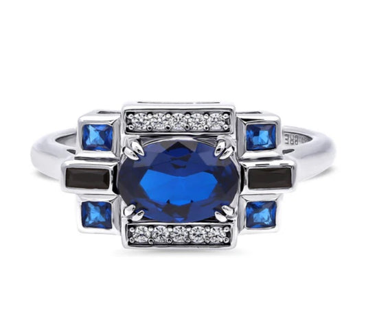 Art Deco Simulated Blue Sapphire CZ Ring in Sterling Silver