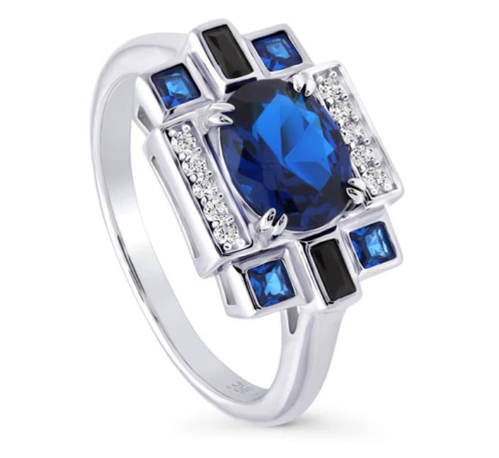 Art Deco Simulated Blue Sapphire CZ Ring in Sterling Silver