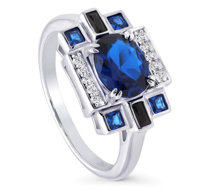 Art Deco Simulated Blue Sapphire CZ Ring in Sterling Silver