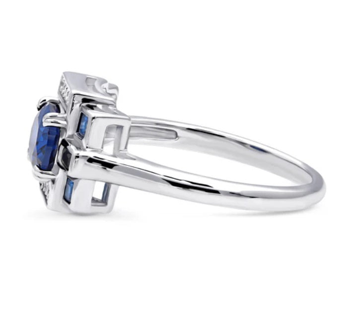 Art Deco Simulated Blue Sapphire CZ Ring in Sterling Silver