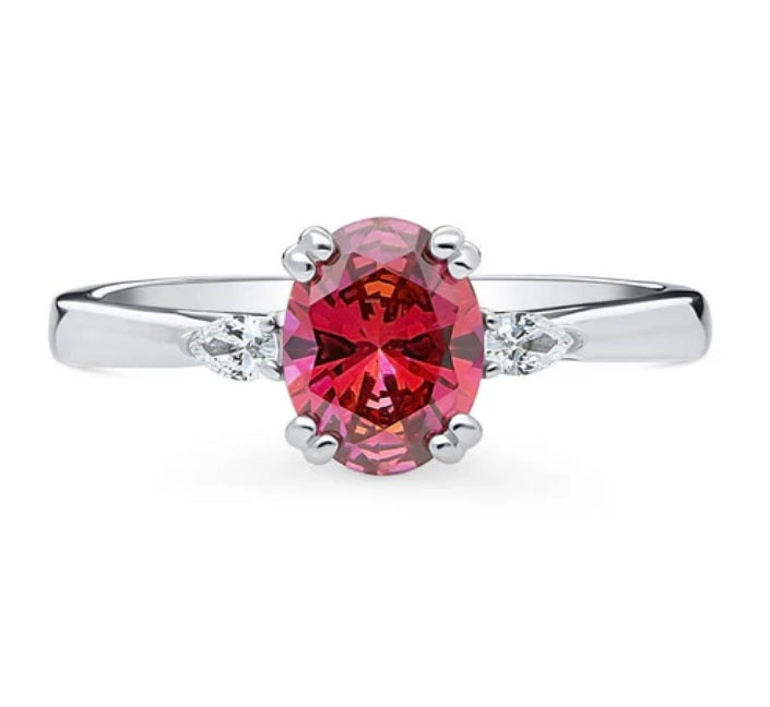 3-Stone Red Oval CZ Ring in Sterling Silver