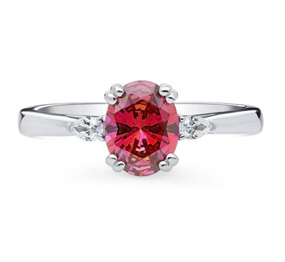 3-Stone Red Oval CZ Ring in Sterling Silver