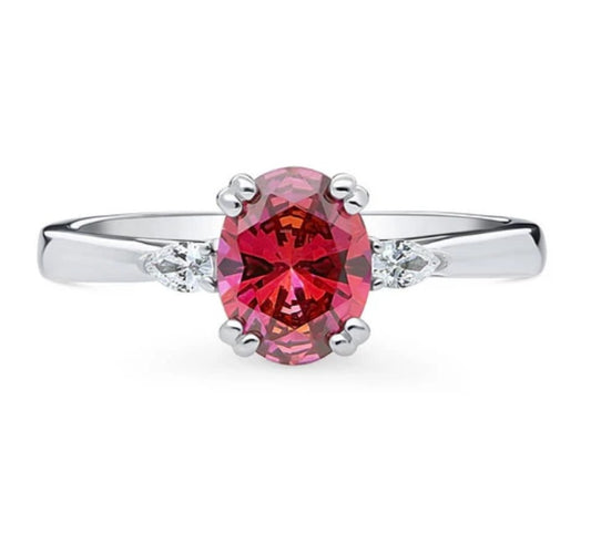 3-Stone Red Oval CZ Ring in Sterling Silver