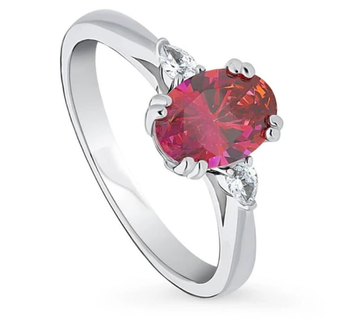 3-Stone Red Oval CZ Ring in Sterling Silver