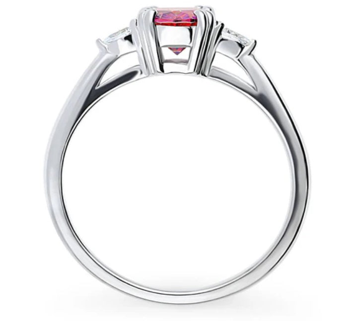 3-Stone Red Oval CZ Ring in Sterling Silver