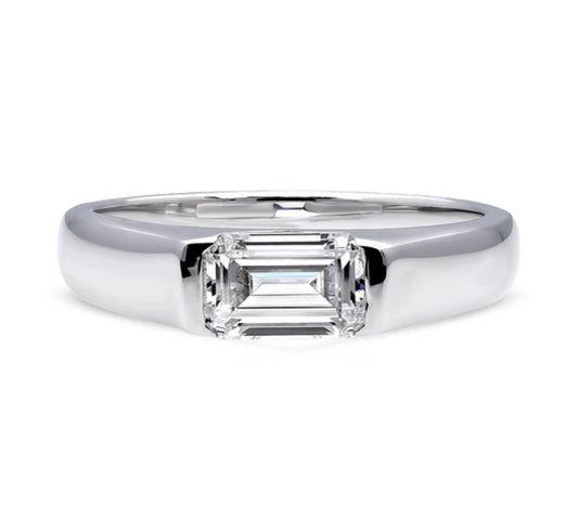 East-West Solitaire Half Bezel Set CZ Ring in Sterling Silver