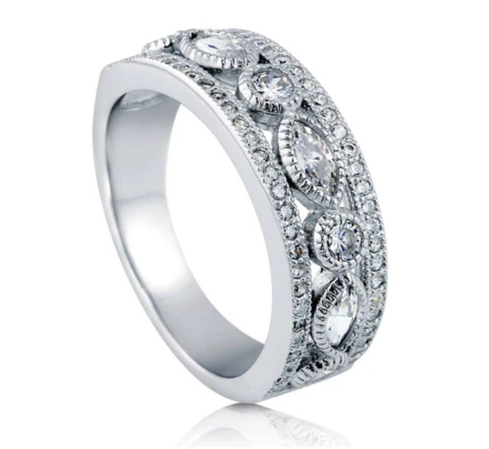 Art Deco Milgrain Bezel Set CZ Half Eternity Ring in Sterling Silver