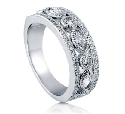 Art Deco Milgrain Bezel Set CZ Half Eternity Ring in Sterling Silver