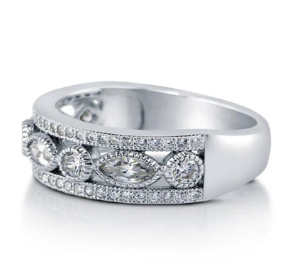 Art Deco Milgrain Bezel Set CZ Half Eternity Ring in Sterling Silver