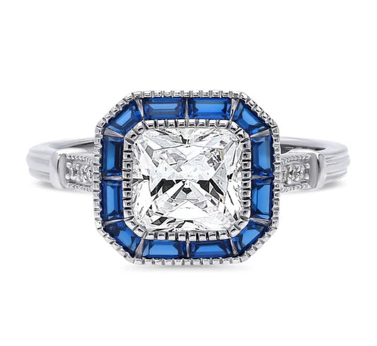 Halo Art Deco Princess CZ Ring in Sterling Silver