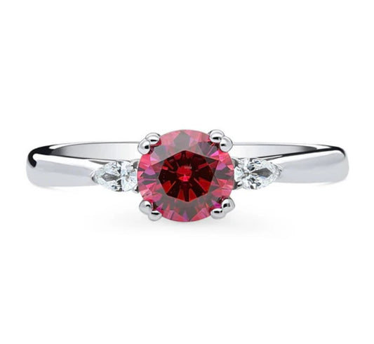 3-Stone Red Round CZ Ring in Sterling Silver