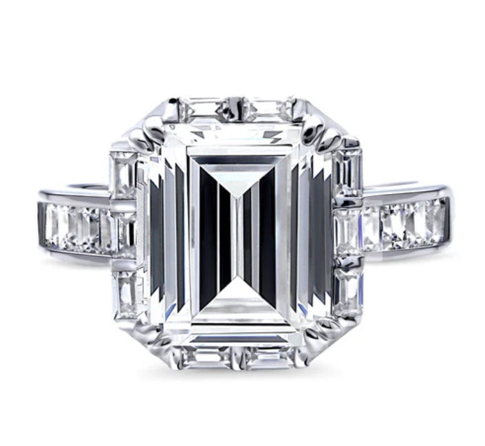 Halo Art Deco Step Emerald Cut CZ Ring in Sterling Silver