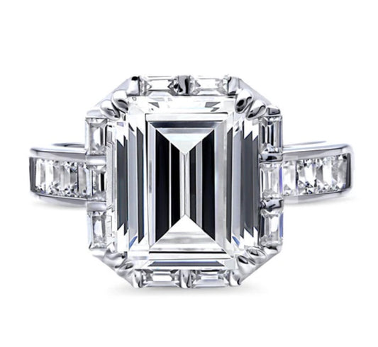 Halo Art Deco Step Emerald Cut CZ Ring in Sterling Silver