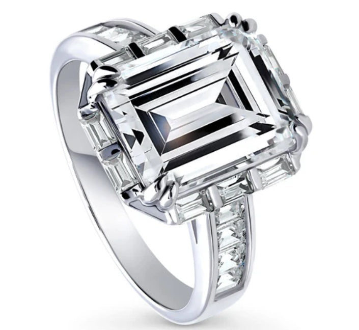 Halo Art Deco Step Emerald Cut CZ Ring in Sterling Silver