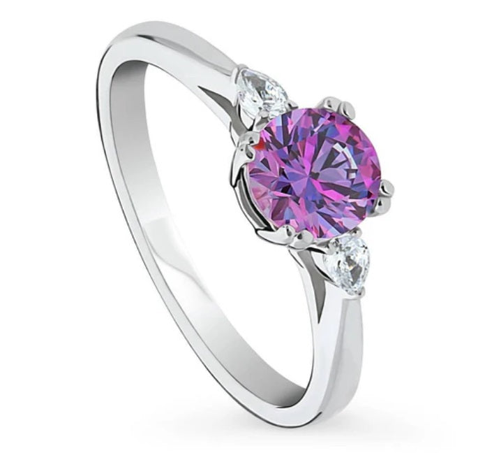 3-Stone Purple Round CZ Ring in Sterling Silver