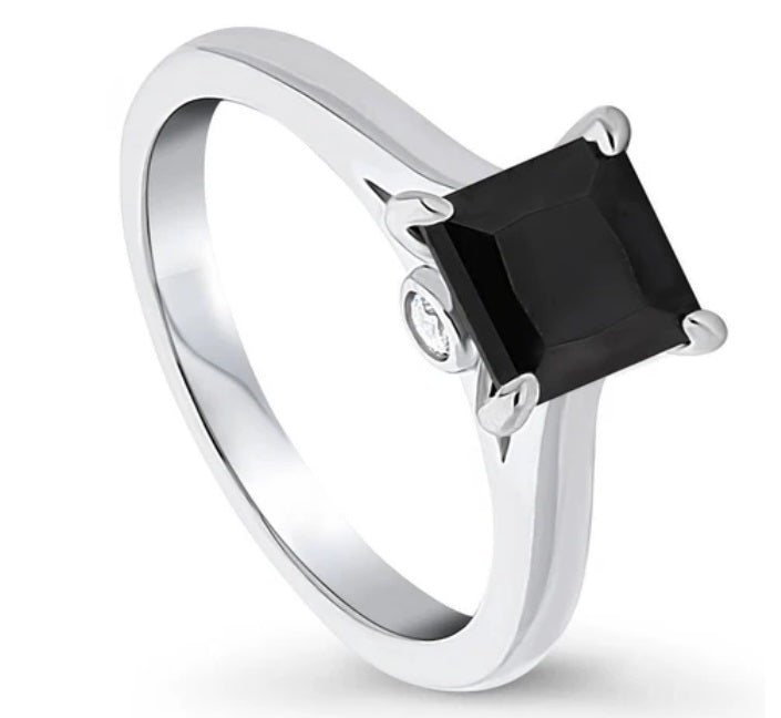 Solitaire Black Princess CZ Ring in Sterling Silver 1.2ct