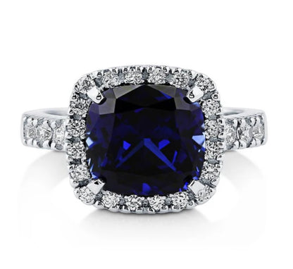 Halo Simulated Blue Sapphire Cushion CZ Ring in Sterling Silver