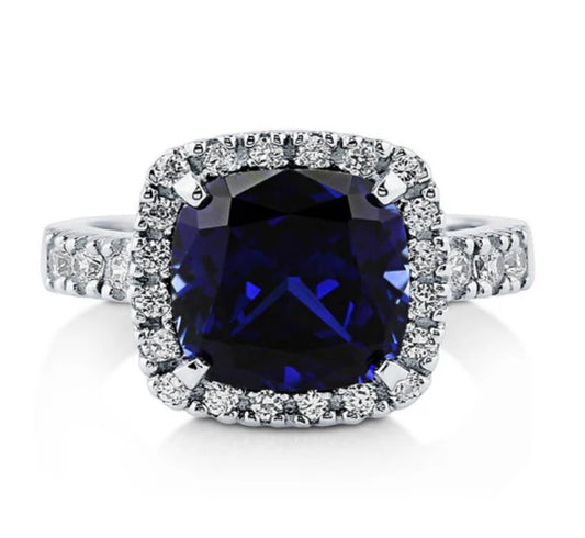 Halo Simulated Blue Sapphire Cushion CZ Ring in Sterling Silver