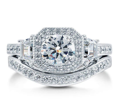 Halo Art Deco Round CZ Ring Set in Sterling Silver