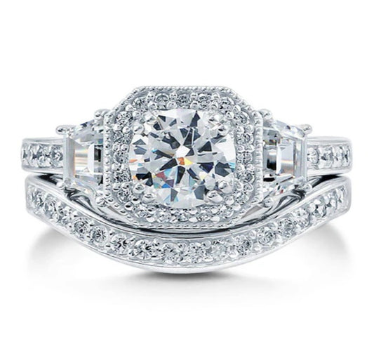 Halo Art Deco Round CZ Ring Set in Sterling Silver