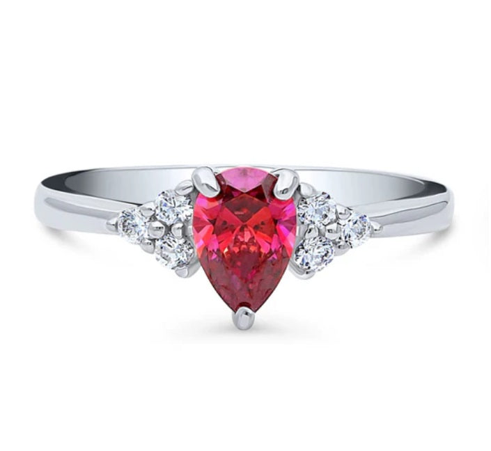 Solitaire Red Pear CZ Ring in Sterling Silver 0.8ct