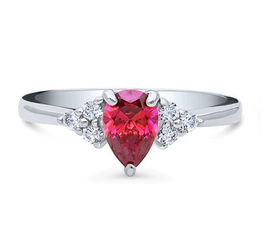 Solitaire Red Pear CZ Ring in Sterling Silver 0.8ct