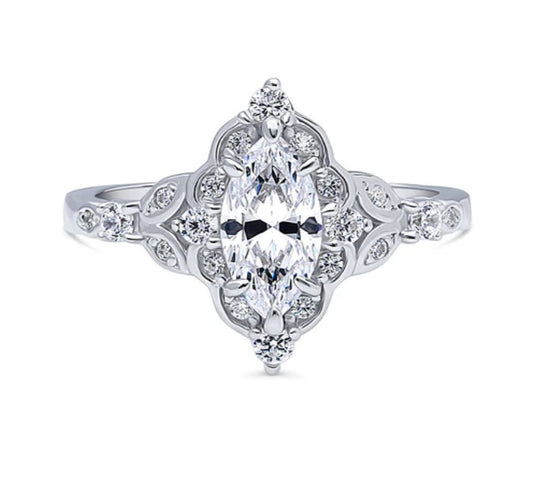 Halo Art Deco Marquise CZ Ring in Sterling Silver