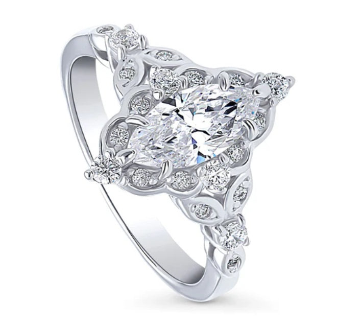 Halo Art Deco Marquise CZ Ring in Sterling Silver