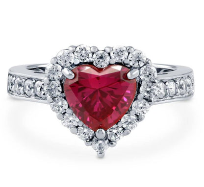 Halo Heart Simulated Ruby CZ Ring in Sterling Silver