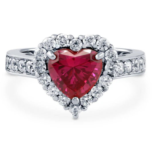 Halo Heart Simulated Ruby CZ Ring in Sterling Silver