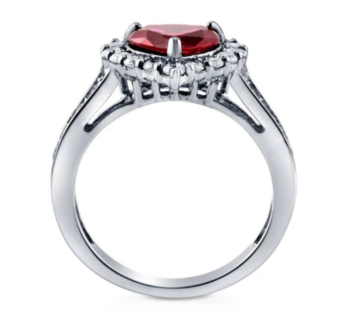 Halo Heart Simulated Ruby CZ Ring in Sterling Silver