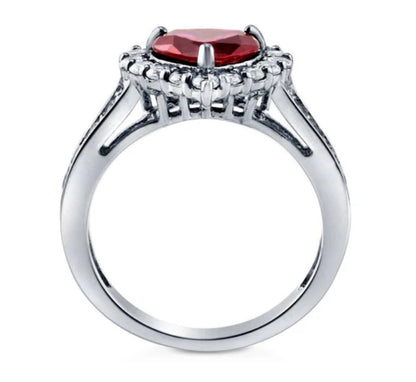 Halo Heart Simulated Ruby CZ Ring in Sterling Silver