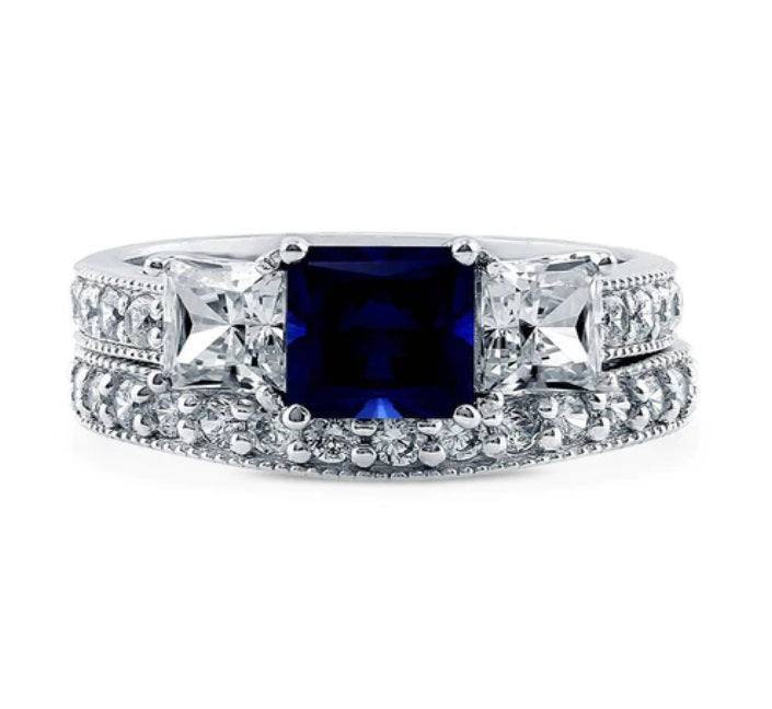 3-Stone Simulated Blue Sapphire Princess CZ Ring Set in Sterling Silver