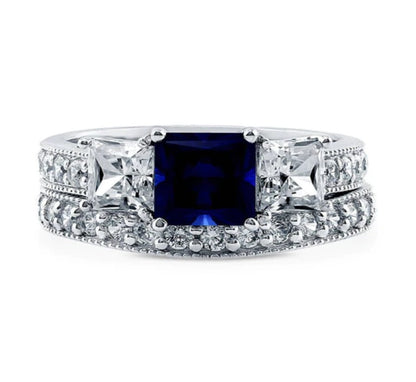 3-Stone Simulated Blue Sapphire Princess CZ Ring Set in Sterling Silver