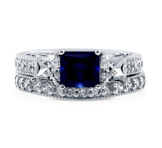 3-Stone Simulated Blue Sapphire Princess CZ Ring Set in Sterling Silver