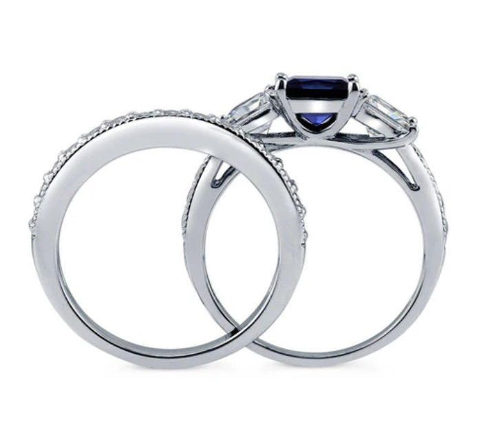 3-Stone Simulated Blue Sapphire Princess CZ Ring Set in Sterling Silver