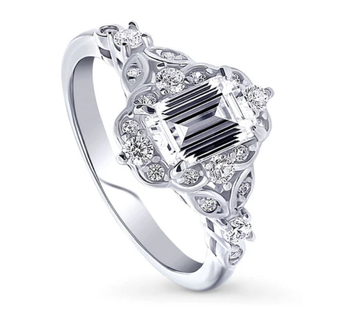 Halo Art Deco Step Emerald Cut CZ Ring in Sterling Silver