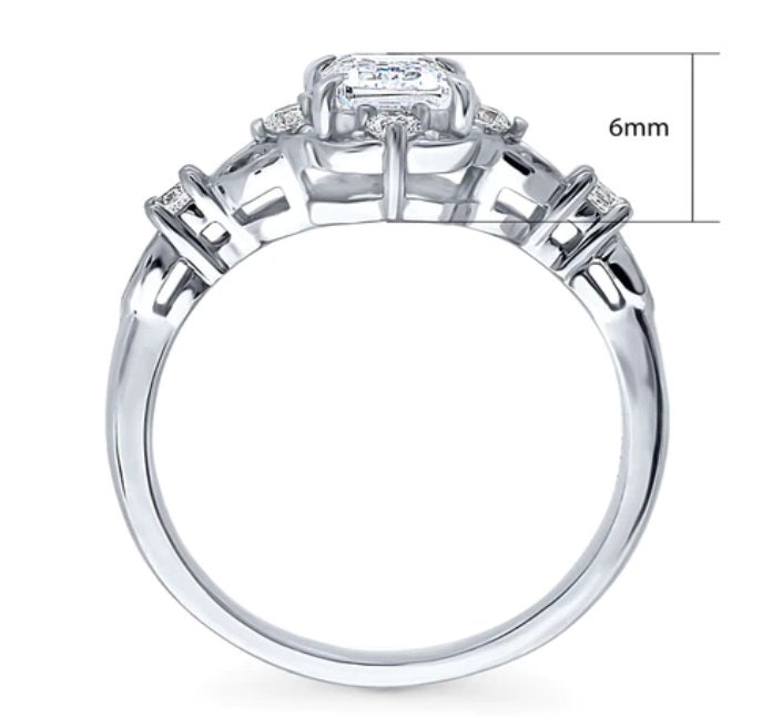Halo Art Deco Step Emerald Cut CZ Ring in Sterling Silver