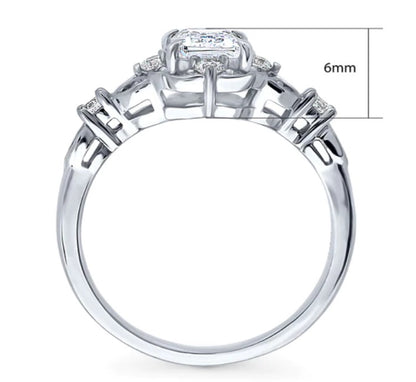 Halo Art Deco Step Emerald Cut CZ Ring in Sterling Silver