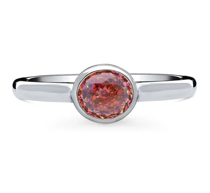 Solitaire Red Orange Bezel Set Round CZ Ring in Sterling Silver 0.8ct