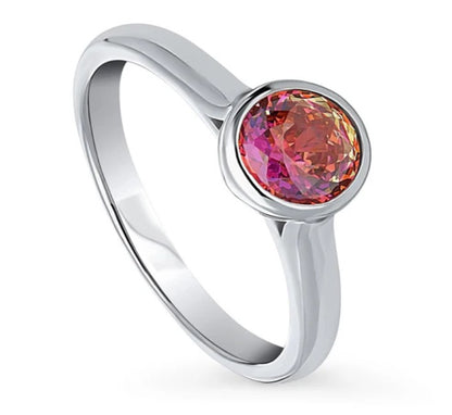 Solitaire Red Orange Bezel Set Round CZ Ring in Sterling Silver 0.8ct