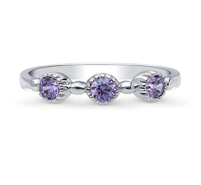 Milgrain Purple Pave Set CZ Half Eternity Ring in Sterling Silver